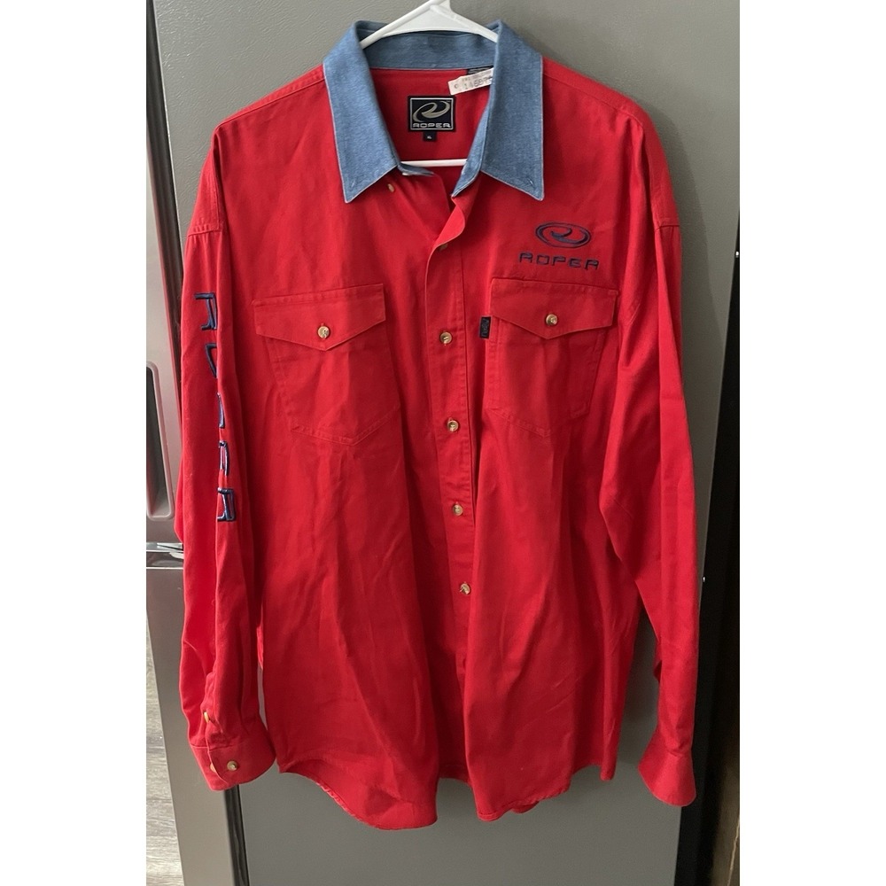 ROPER MEN'S XL RED LONG SLEEVE SHIRT‎ WITH DENIM COLLAR Western Rodeo Cowboy EUC